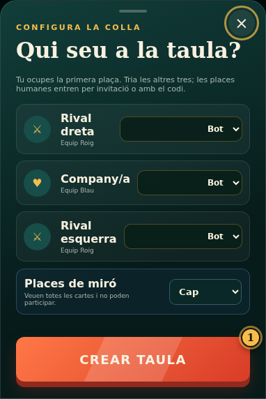 Configura la colla: les tres places disponibles (Rival dreta, Company/a, Rival esquerra) i el botó Crear taula