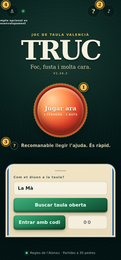 Pantalla d’inici: ① Jugar ara, ② Ajuda, ③ avís d’ajuda, ④ El teu compte / perfil